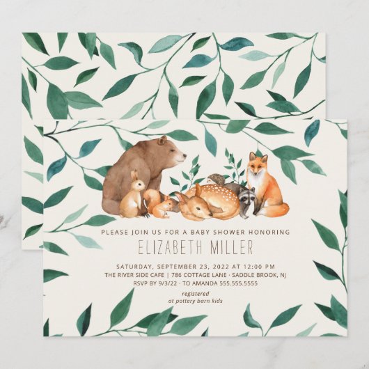 Invitation Baby shower des amis des animaux de la forêt (Devant / Derrière)