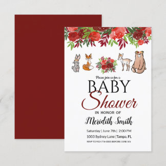 Invitation Baby shower des animaux boisés floraux de Bourgogn