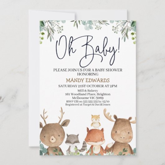 Invitation Baby shower des animaux de bois de feuillage (Devant)