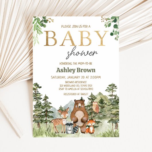 Invitation Baby shower des animaux de bois verdoyants