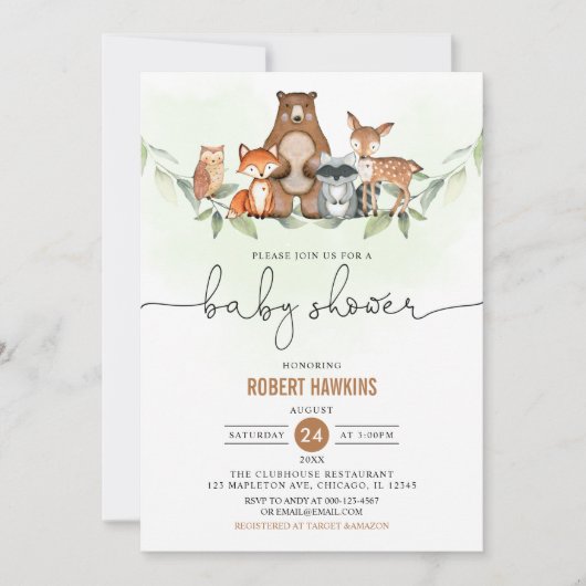 Invitation Baby shower des animaux de bois verdoyants (Devant)