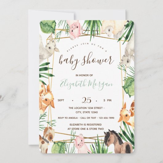 Invitation Baby shower des animaux de ferme aquarelle (Devant)