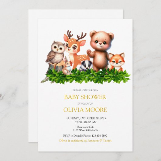 Invitation Baby shower des animaux de forêt mignon (Devant / Derrière)