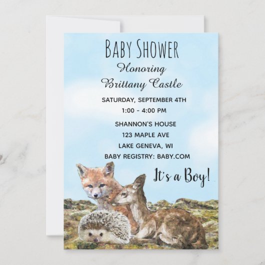 Invitation Baby shower des animaux de la créature des bois (Devant)