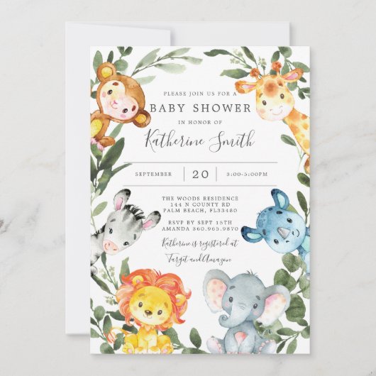 Invitation Baby shower des animaux de la jungle (Devant)