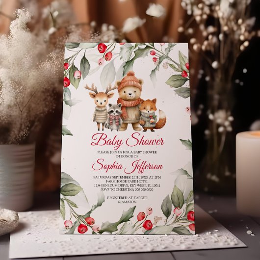 Invitation Baby shower des animaux de Noël en bois