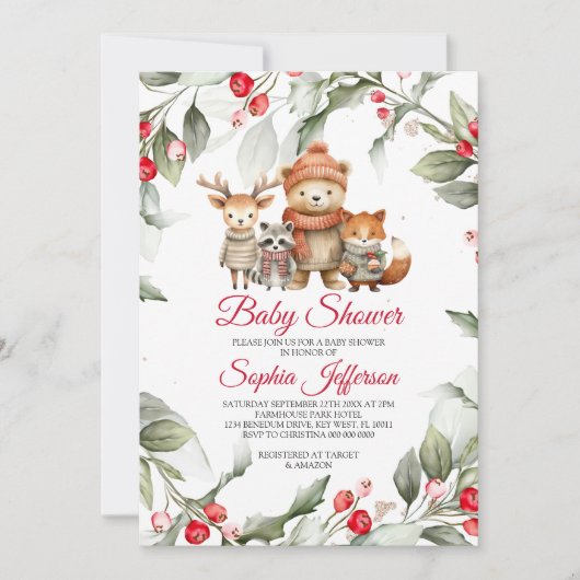 Invitation Baby shower des animaux de Noël en bois (Devant)