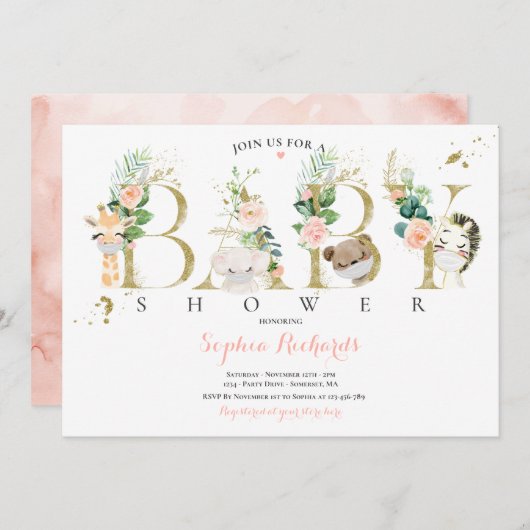 Invitation Baby shower Des Animaux De Safari Vert Et Or (Devant / Derrière)