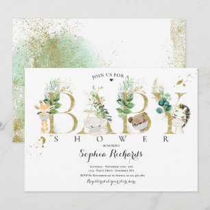 Invitation Baby shower Des Animaux De Safari Vert Et Or