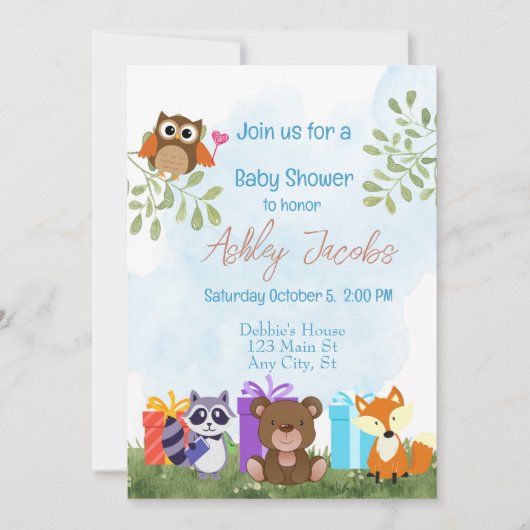 Invitation Baby shower des animaux des bois (Devant)
