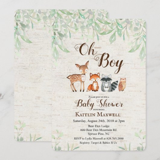 Invitation Baby shower des animaux des bois (Devant / Derrière)