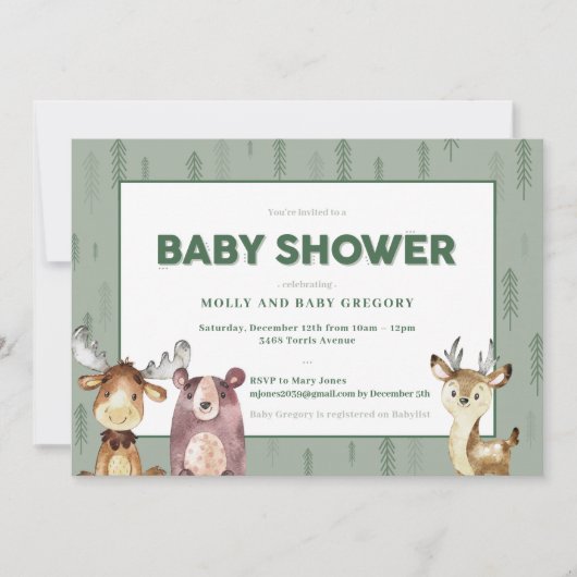 Invitation Baby shower des animaux des bois (Devant)
