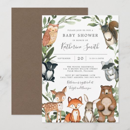 Invitation Baby shower des animaux des bois (Devant / Derrière)