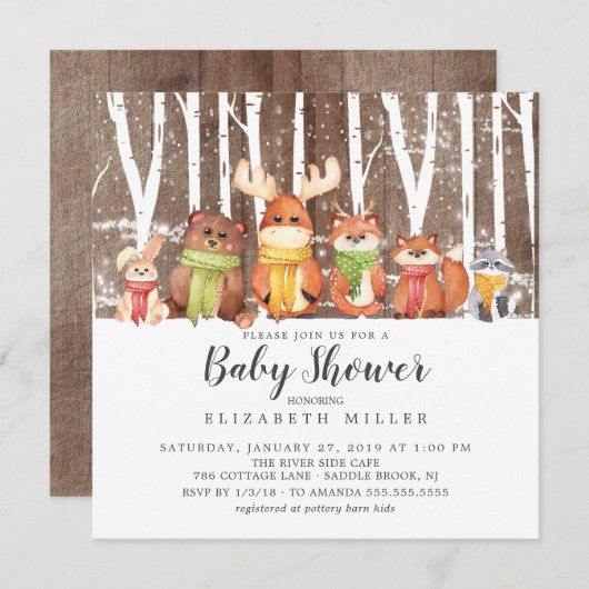 Invitation Baby shower des animaux des bois d'hive (Devant / Derrière)