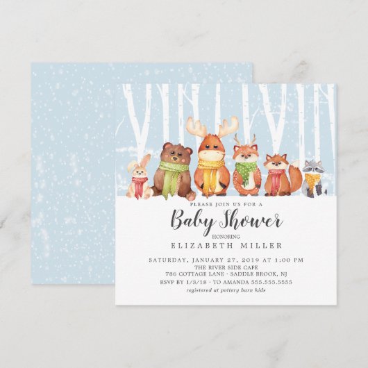 Invitation Baby shower des animaux des bois d'hive (Devant / Derrière)