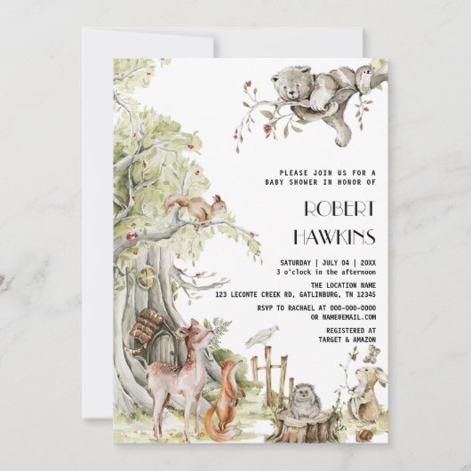 Invitation Baby shower des animaux des bois et des amis des f (Devant)