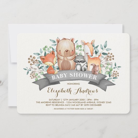 Invitation Baby shower des animaux des bois| Forêt lunaire (Devant)