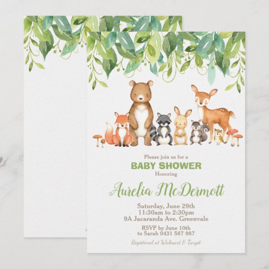 Invitation Baby shower des animaux des forêts Neutralité des (Devant / Derrière)