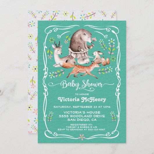 Invitation Baby shower des animaux forestiers (Devant / Derrière)
