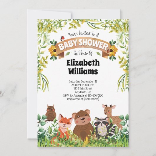 Invitation Baby shower des animaux forestiers (Devant)