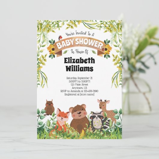 Invitation Baby shower des animaux forestiers (Debout devant)