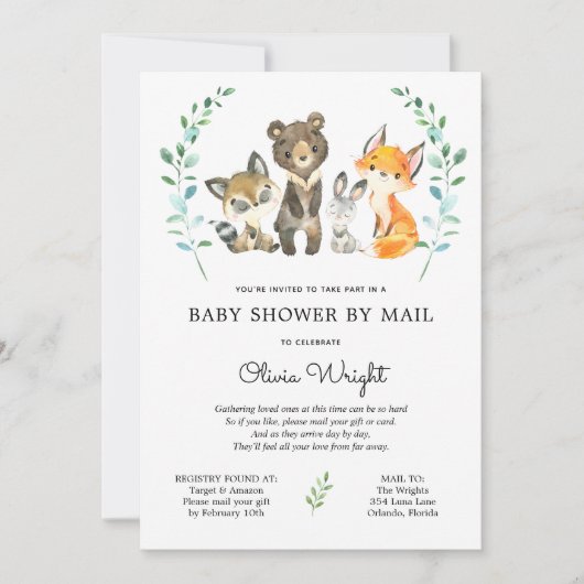 Invitation Baby shower des animaux forestiers par courrier (Devant)