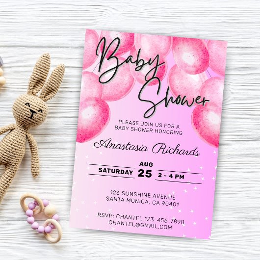 Invitation Baby shower des ballons d'aquarelle rose