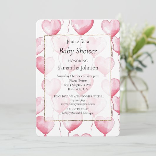 Invitation Baby shower des ballons de Coeurs roses (Debout devant)