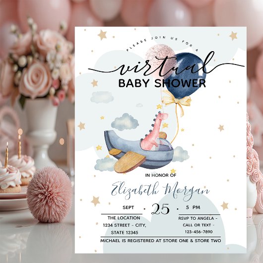 Invitation Baby shower des ballons Dino de l'avion