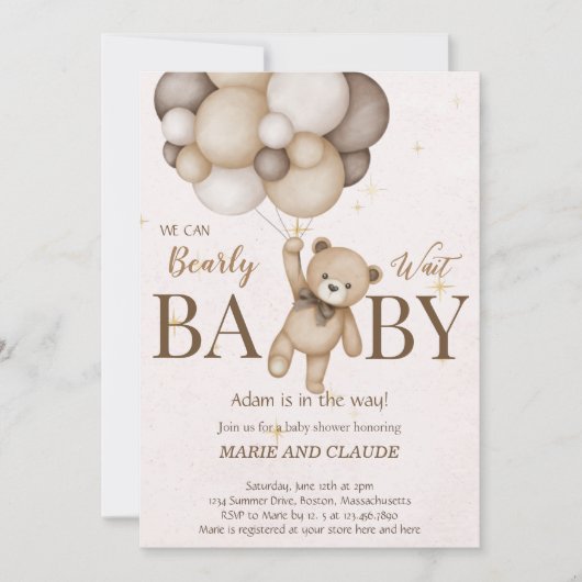 Invitation baby shower des ballons marron de l'ours en peluch (Devant)