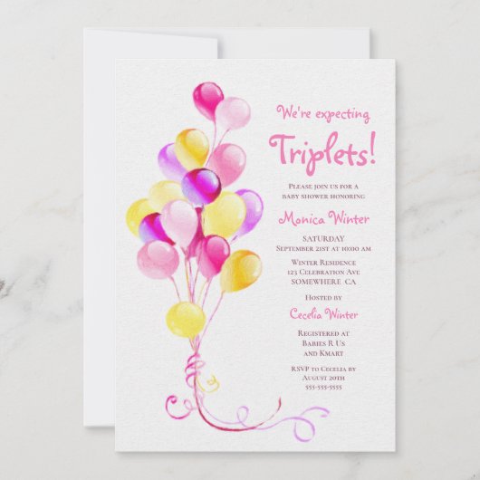 Invitation Baby shower des ballons roses Triplets attendu (Devant)