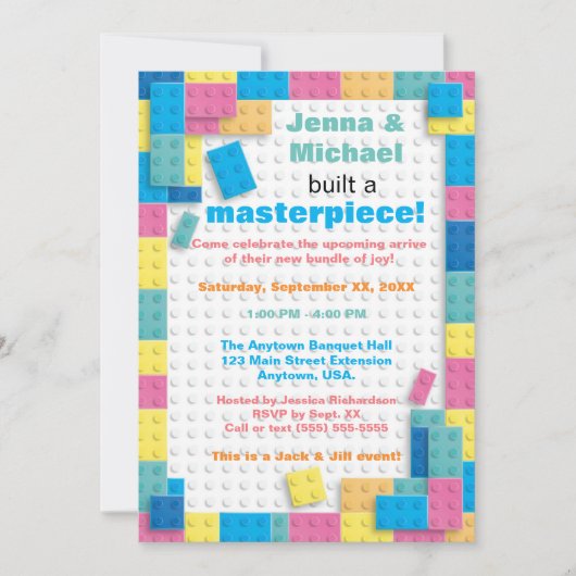 Invitation Baby shower des blocs de bâtiment Pastel (Devant)