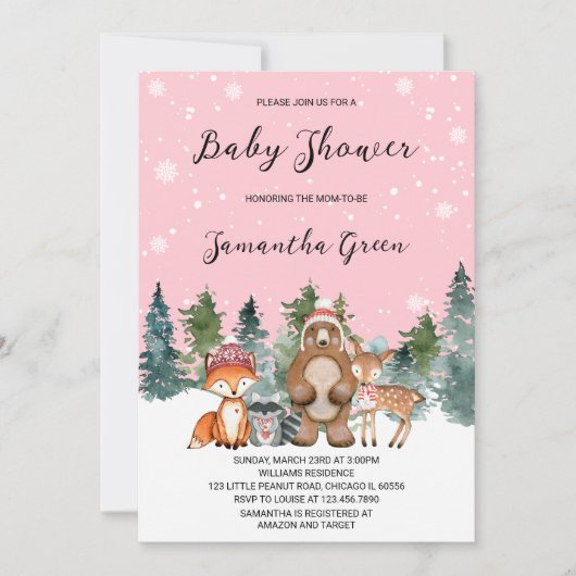 Invitation Baby shower des bois d'hiver pour filles (Devant)