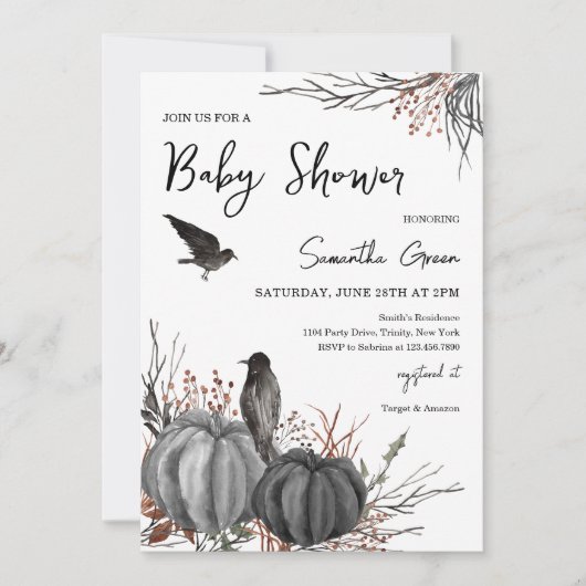 Invitation Baby shower des Citrouilles noirs et des oiseaux (Devant)