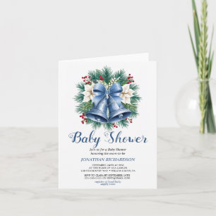 Invitation Baby shower des cloches de Noël d'hiver bleu