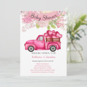 Invitation Baby shower des coeurs de charge de camion rose (Debout devant)