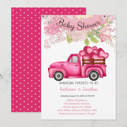 Invitation Baby shower des coeurs de charge de camion rose (Devant / Derrière)