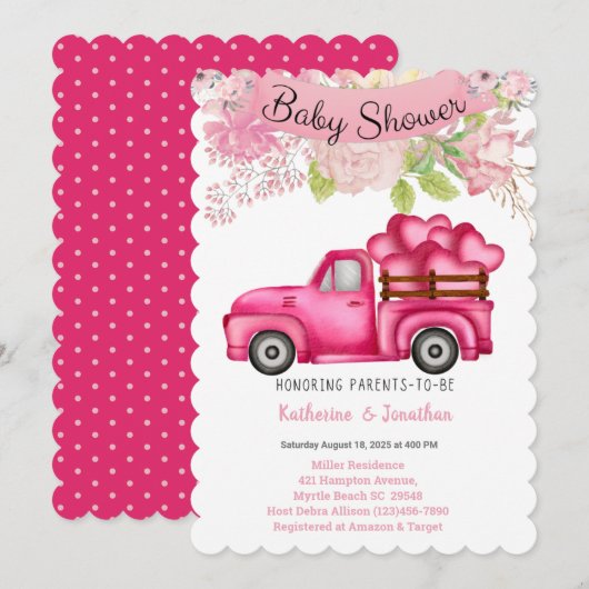 Invitation Baby shower des coeurs de charge de camion rose (Devant / Derrière)