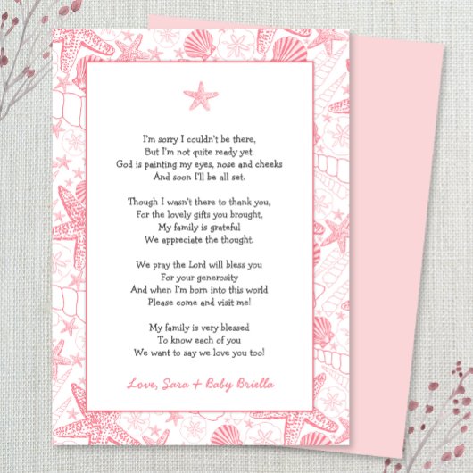 Invitation Baby shower des coquilles de mer rose merci note p