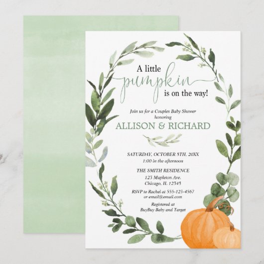 Invitation Baby shower des couples d'automne, citrouilles san (Devant / Derrière)
