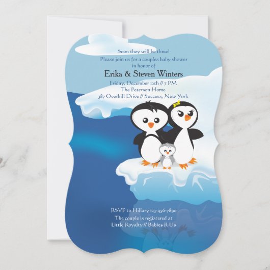Invitation Baby shower des couples de pingouins (Devant)