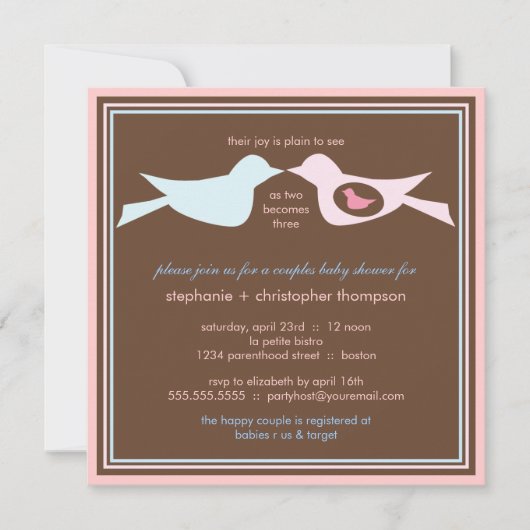 Invitation Baby shower des couples d'oiseaux (Devant)