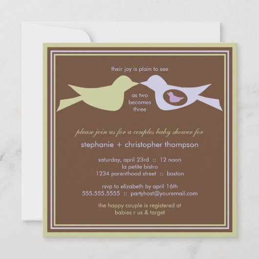 Invitation Baby shower des couples d'oiseaux Lilac et Sage (Devant)