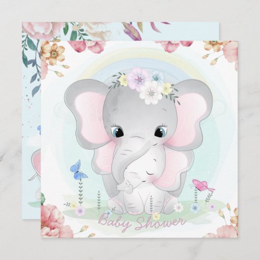 Invitation Baby shower des éléphants (Devant / Derrière)