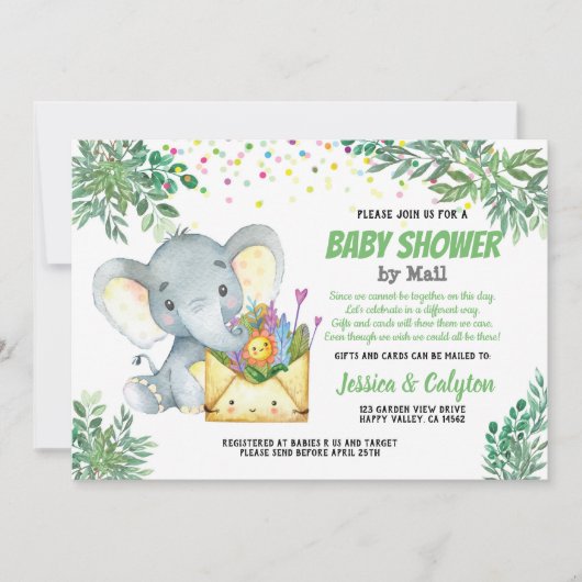 Invitation baby shower des éléphants de verdure par courrier  (Devant)