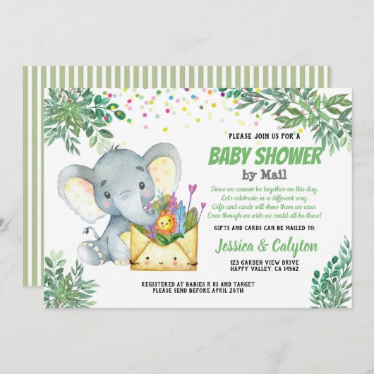 Invitation baby shower des éléphants de verdure par courrier  (Devant / Derrière)