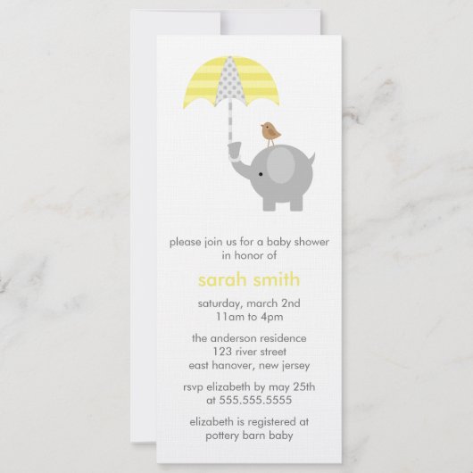 Invitation Baby shower des éléphants gris et jaune (Devant)