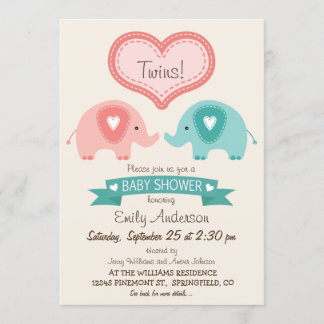 Invitation Baby shower des éléphants roses et Turquoises jume