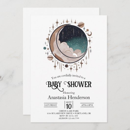 Invitation Baby shower des étoiles célestes de l'espace extér (Devant / Derrière)