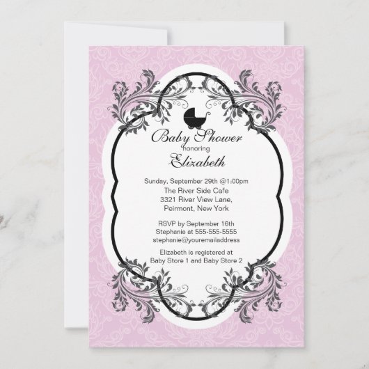 Invitation Baby shower des filles aux Damas roses (Devant)